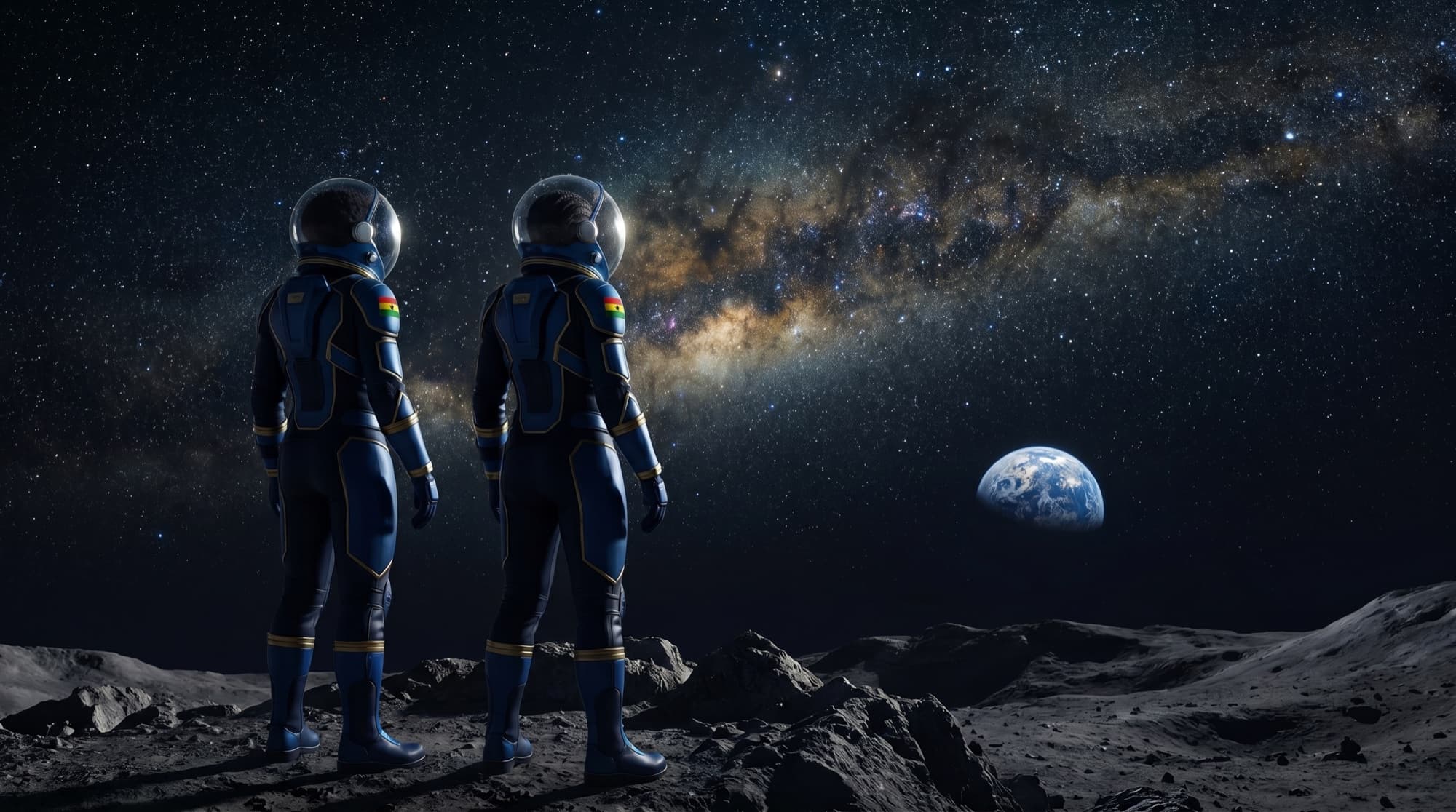 The Explorer 233 crew and spacecraft beneath a signal-filled sky