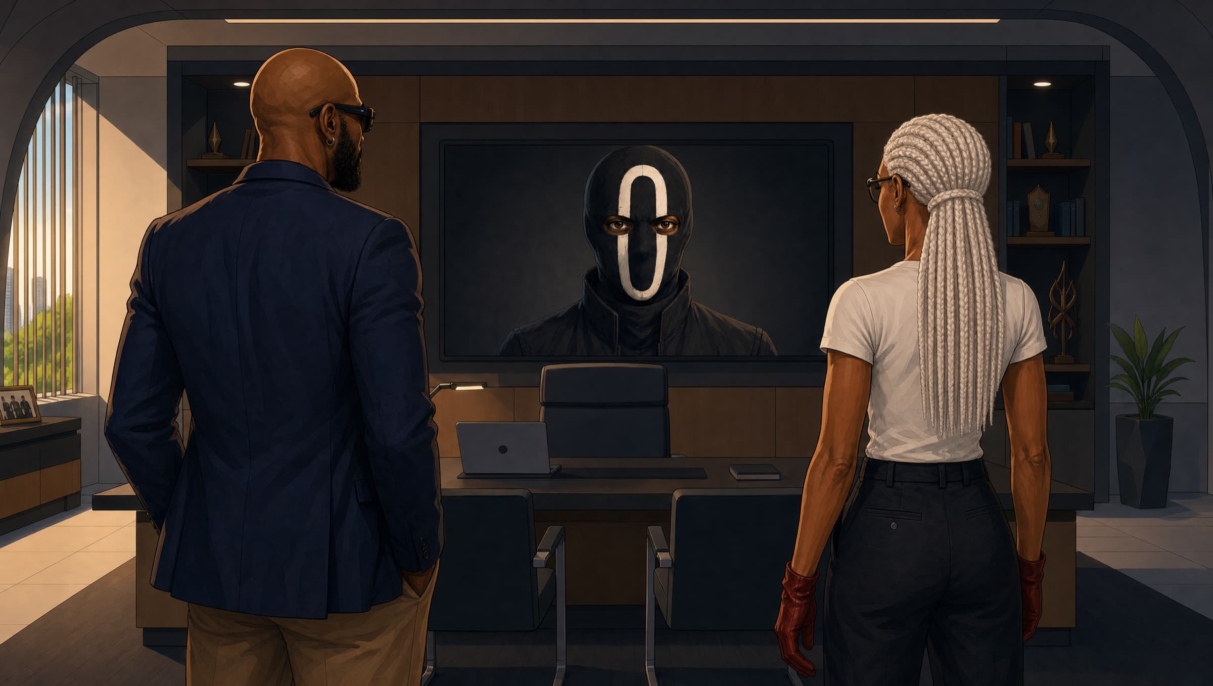 Laura and Maximus facing a masked warning