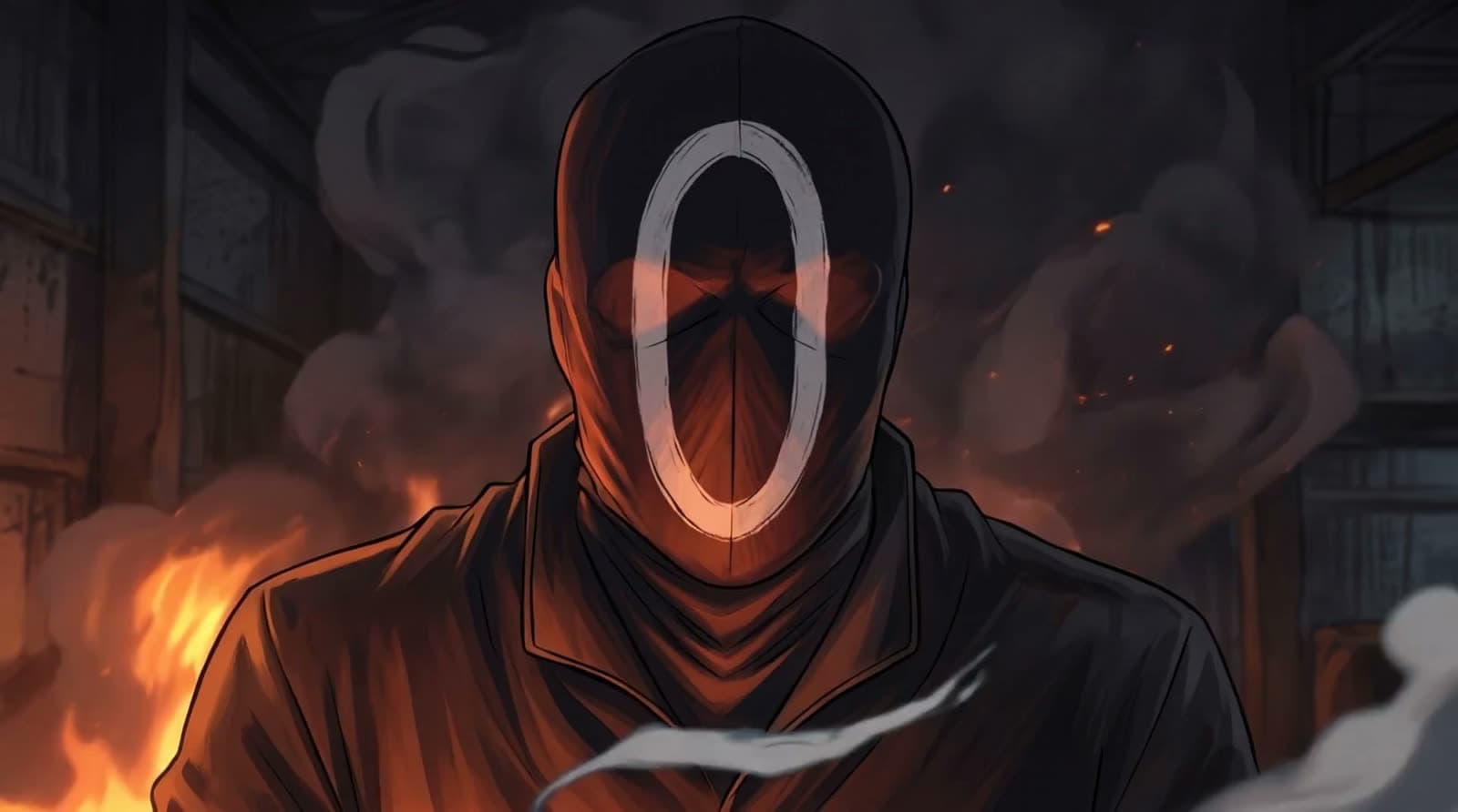 A masked Day Zero figure lit by firelight, seen through drifting smoke
