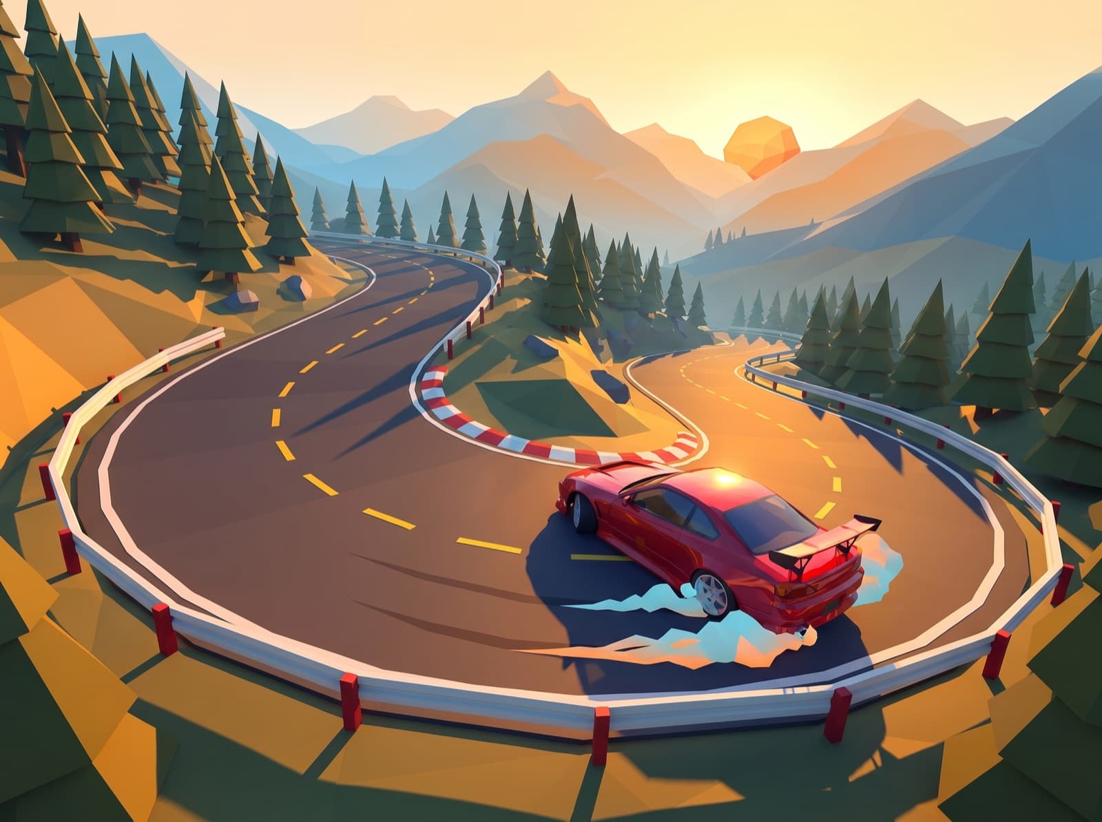 A red sports car drifting through a mountain circuit at sunset in Chop First